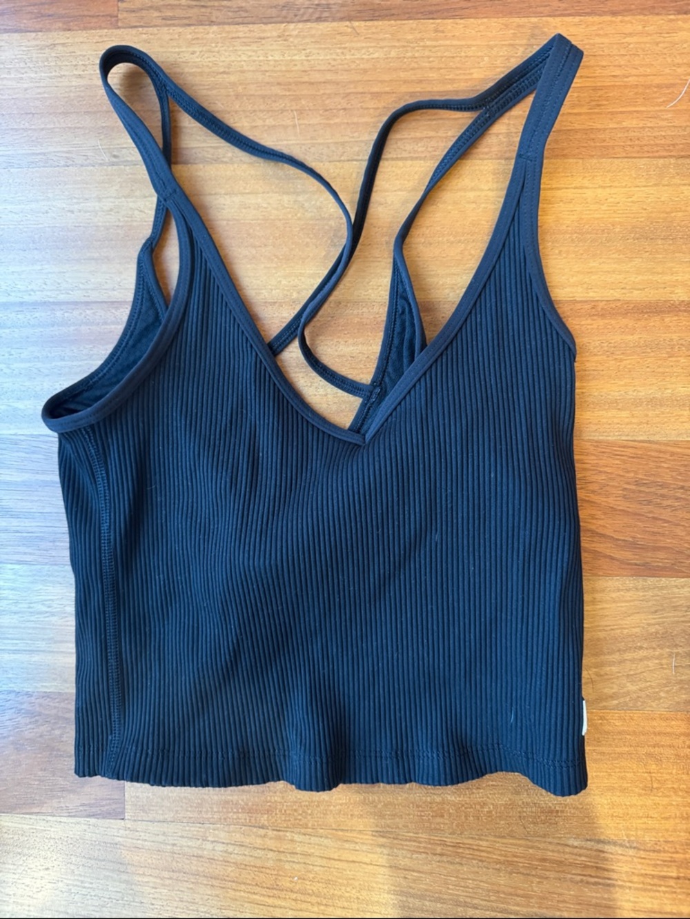 Vuori Black Ribbed V-Neck Strappy Crop Tank Top